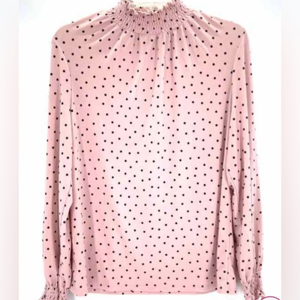 Adrianna Papell Pink and Black Polka Dot Mock Turtle Neck Blouse//Sz L